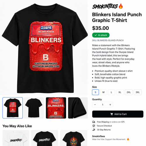 Black T-shirt with Blinkers Island Punch graphic printed on front