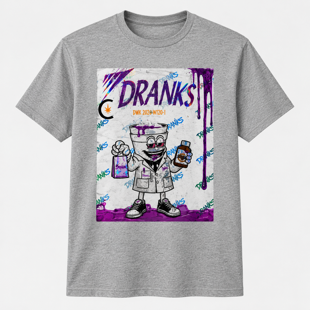 Heather grey T-shirt with purple DRANKS graffiti-style graphic