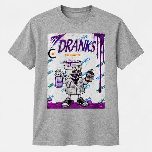 Heather grey T-shirt with purple DRANKS graffiti-style graphic