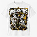 White short-sleeve T-shirt with black and gold Hollowtips graphic