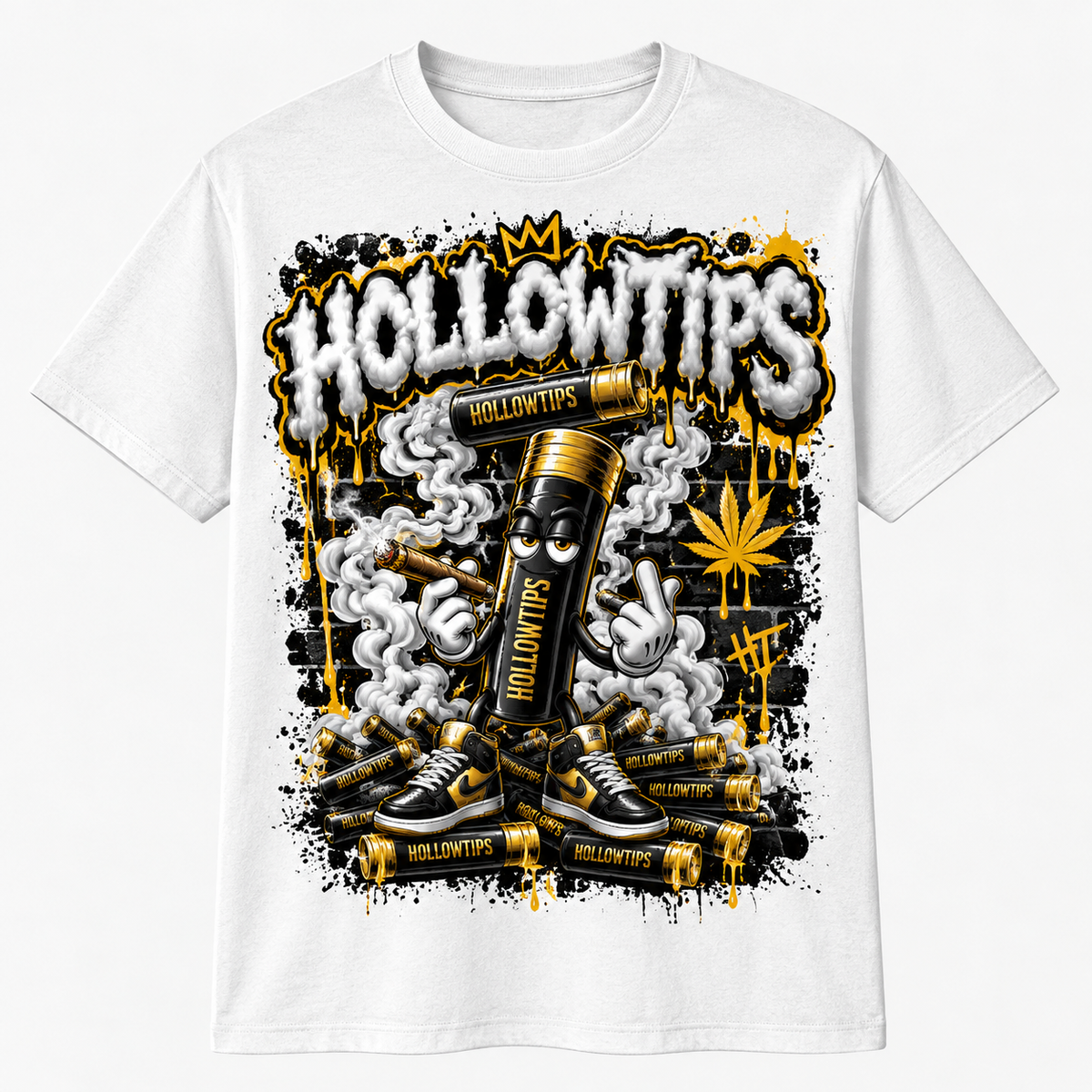 White short-sleeve T-shirt with black and gold Hollowtips graphic