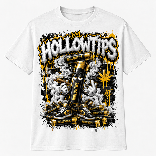 White short-sleeve T-shirt with black and gold Hollowtips graphic